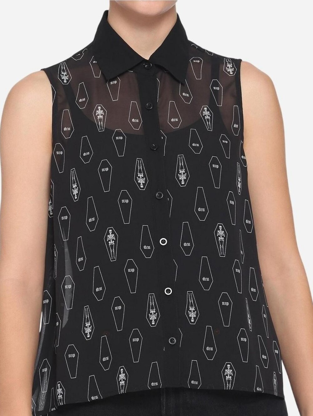 Hot Topic Black Sleeveless Button Down Shirt with White Coffin & Skeleton Print